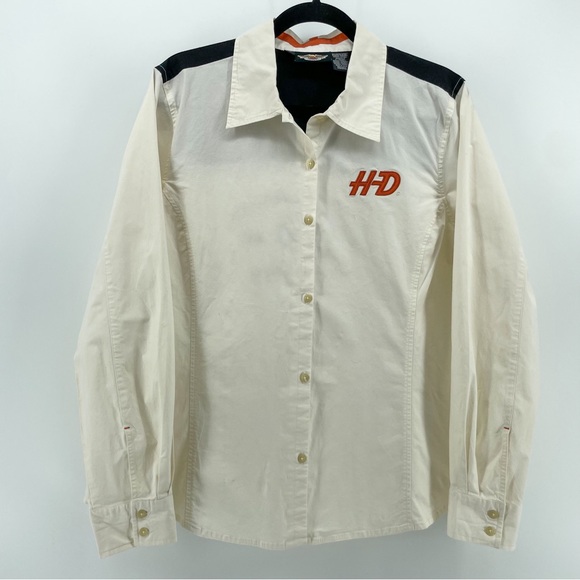 Harley Davidson Womens Button Up Shirt Ivory Cream Embroidered Cotton Blend 1W - Picture 1 of 6